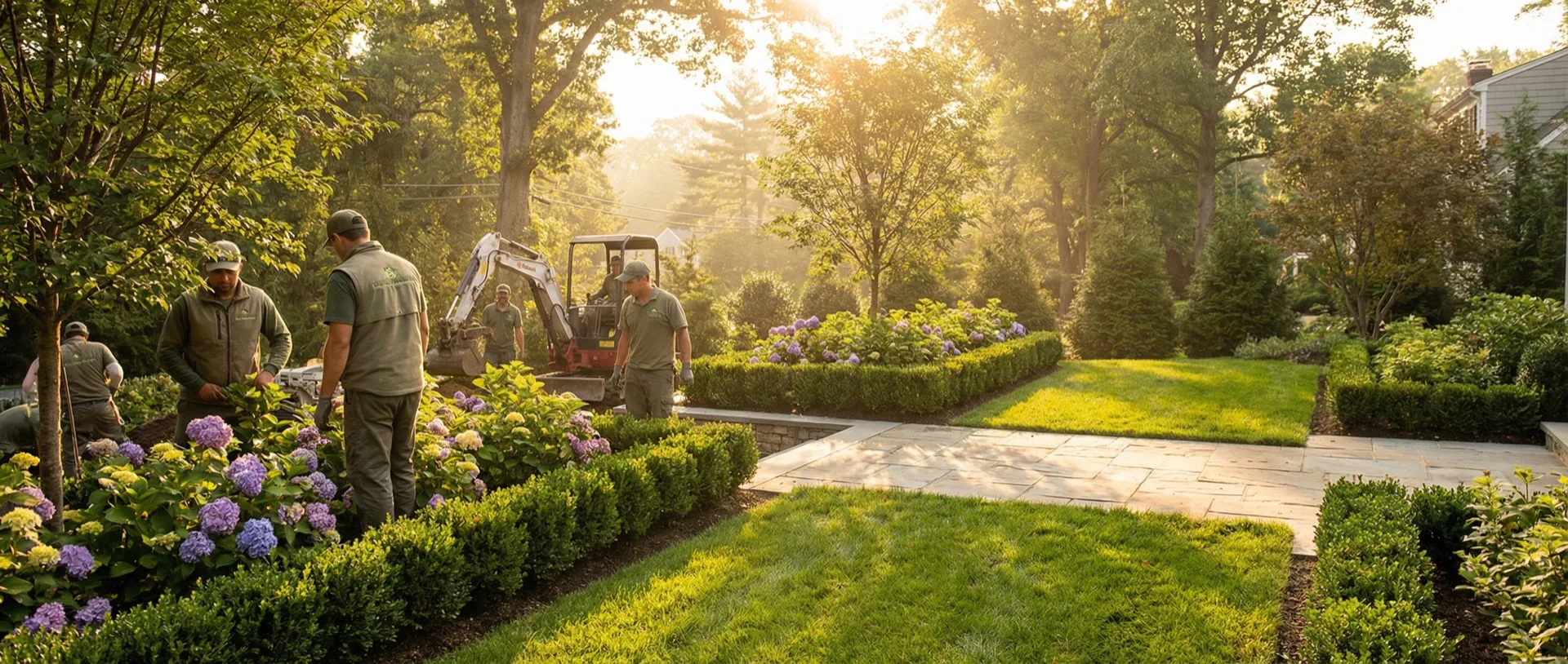 Landscaping crew transforming a residential backyard