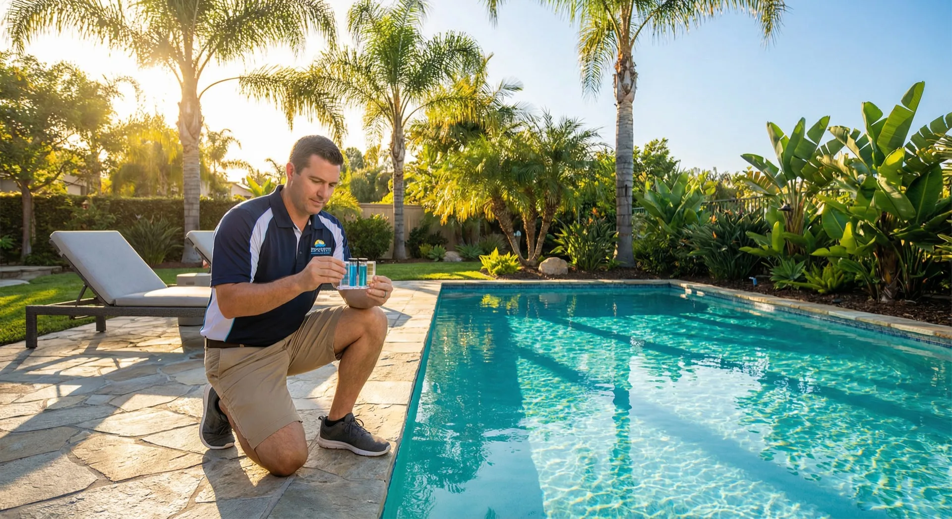 Pool service technician testing crystal-clear pool water