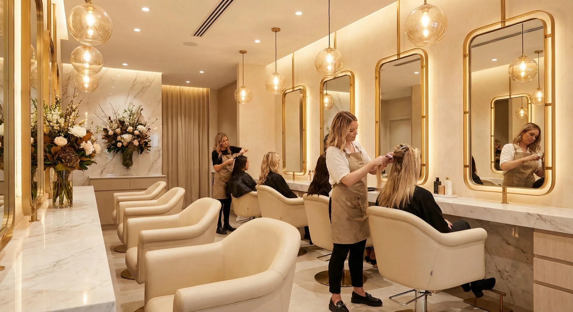 Luxurious modern hair salon with stylists and clients
